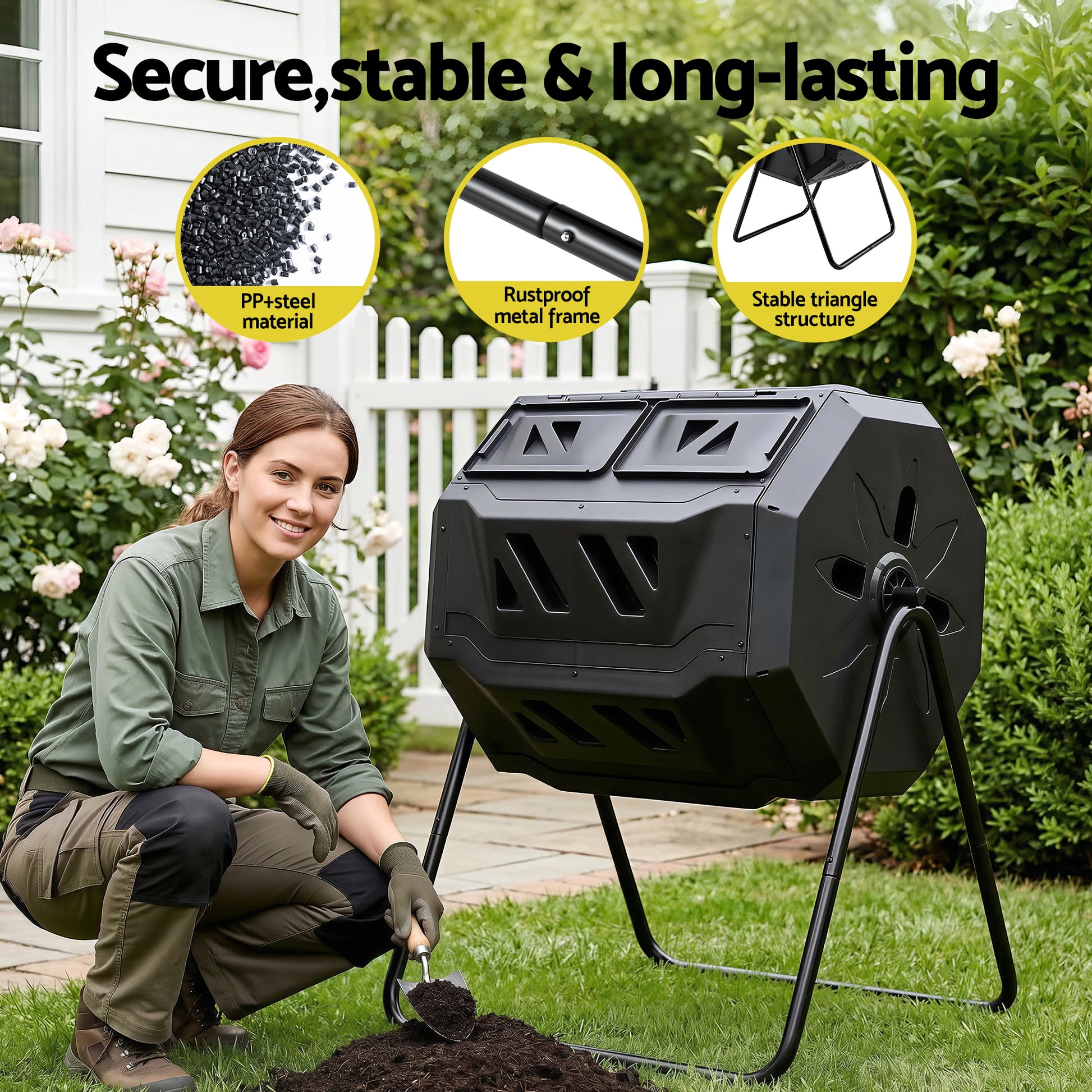 Gardeon Compost Bin Dual-Chamber 160L Composter Tumbler Rotating Garden Recycle Food Waste - Image 7