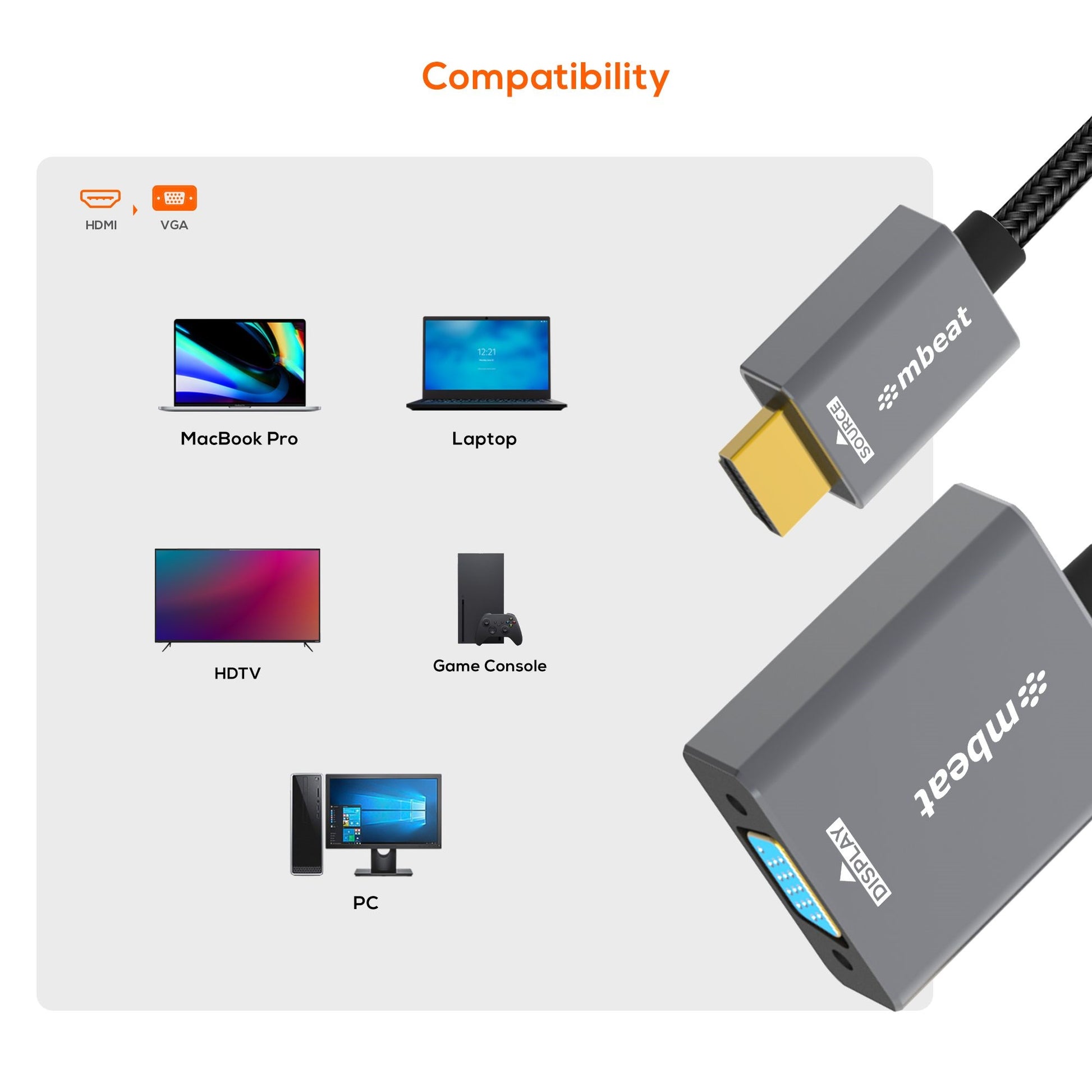 mbeat® Tough Link HDMI to VGA Adapter  HDMI Support Version: 2.1  Cable Length: 15cm  Up to 1080p... - Image 3