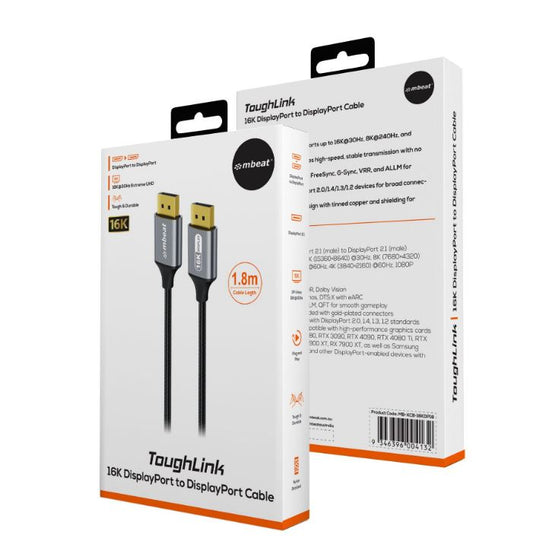 mbeat® Tough Link 1.8m 16K DP to DP Cable - Space Grey 40Gbps 180cm × 2.2cm × 1.10cm - Cables