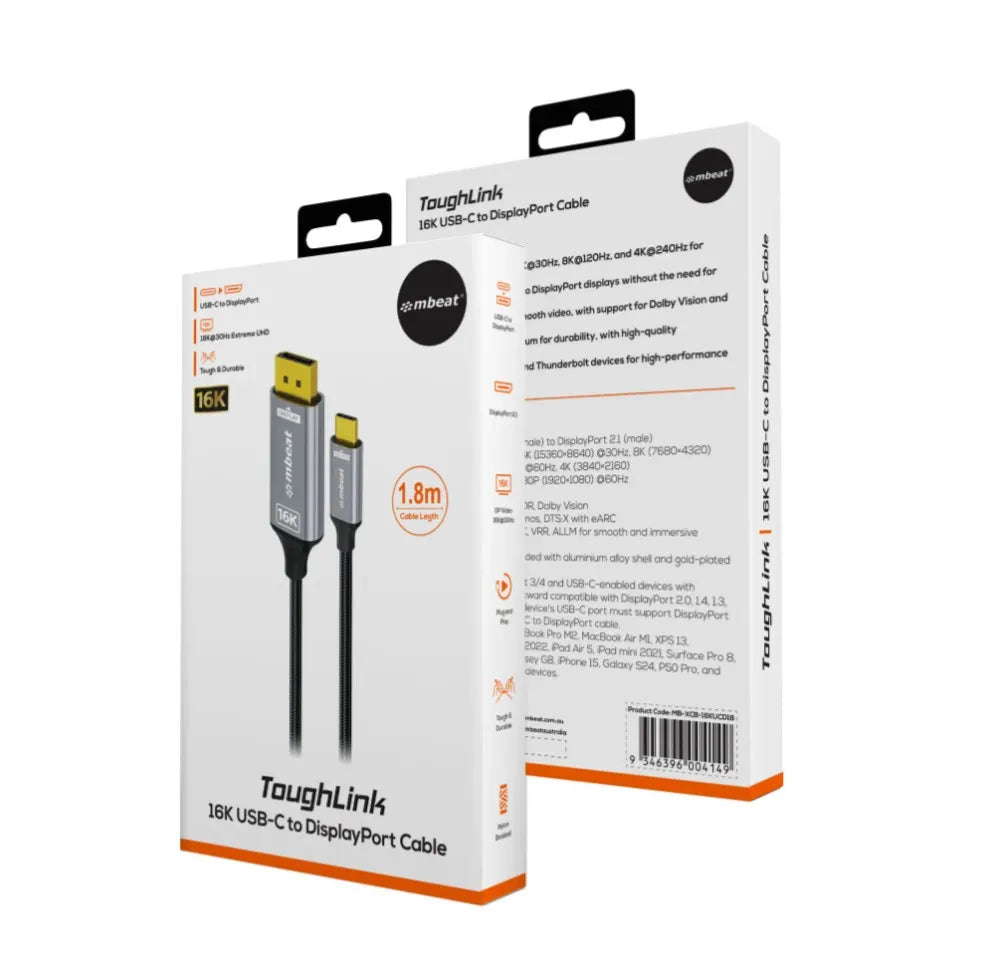 mbeat® Tough Link 1.8m 16K USB-C to DP Cable - Space Grey 40Gbps USB-C (male) to DisplayPort 2.1... - Image 4