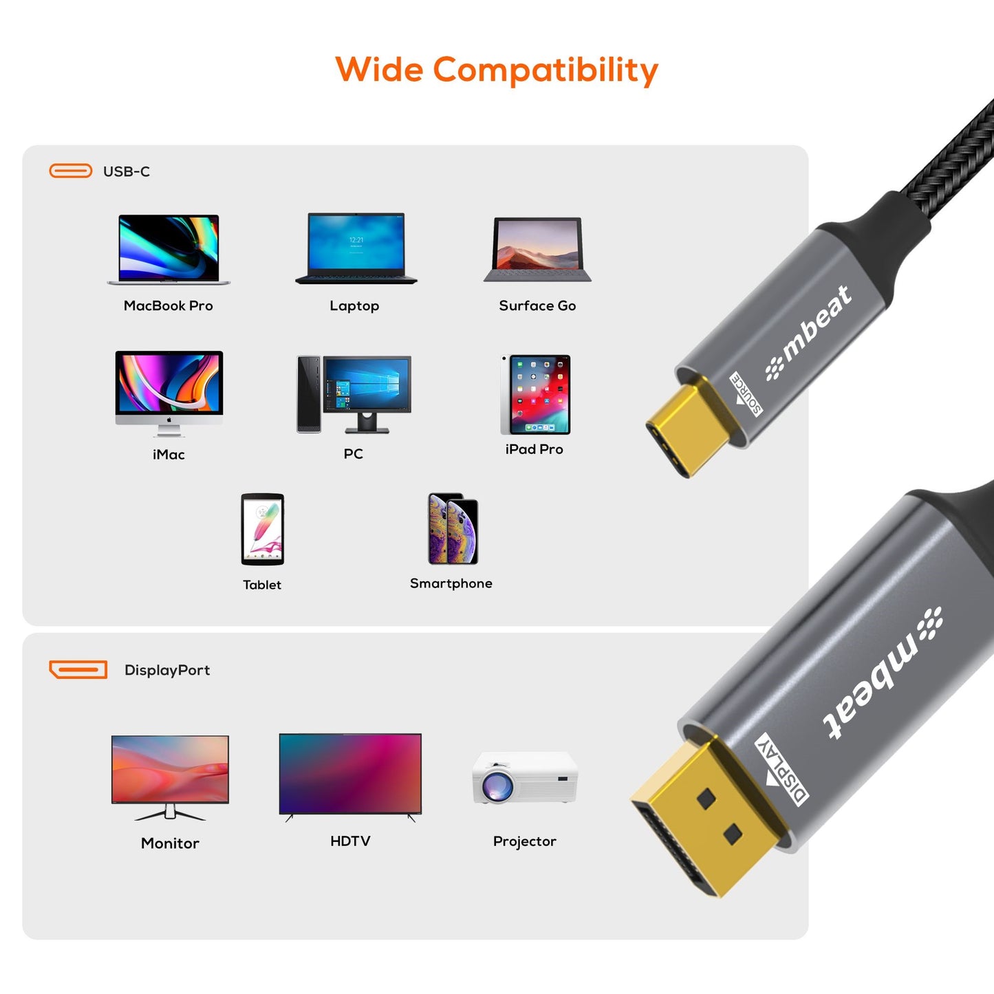 mbeat® Tough Link 8K 1.8m USB-C to DisplayPort Cable  Up to 8K@60Hz (7680×4320) USB-C Version: 3.2 Gen 2 Product Weight: 76.3g