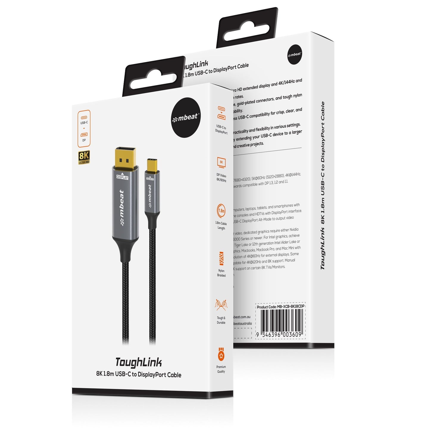 mbeat® Tough Link 8K 1.8m USB-C to DisplayPort Cable  Up to 8K@60Hz (7680×4320) USB-C Version: 3.2 Gen 2 Product Weight: 76.3g