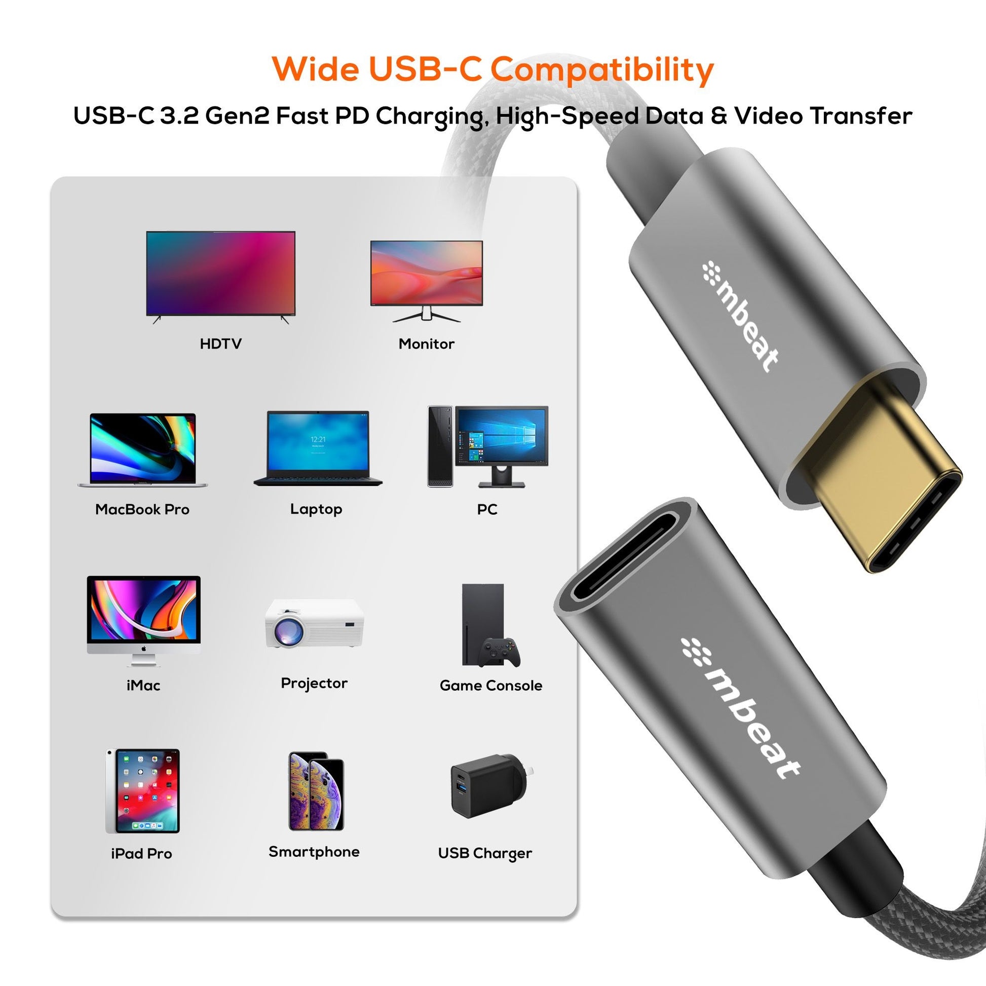 mbeat® Tough Link 1m USB 3.2 Gen2 USB-C Extension Cable - Space Grey Video Resolution: Maximum 4K... - Image 3