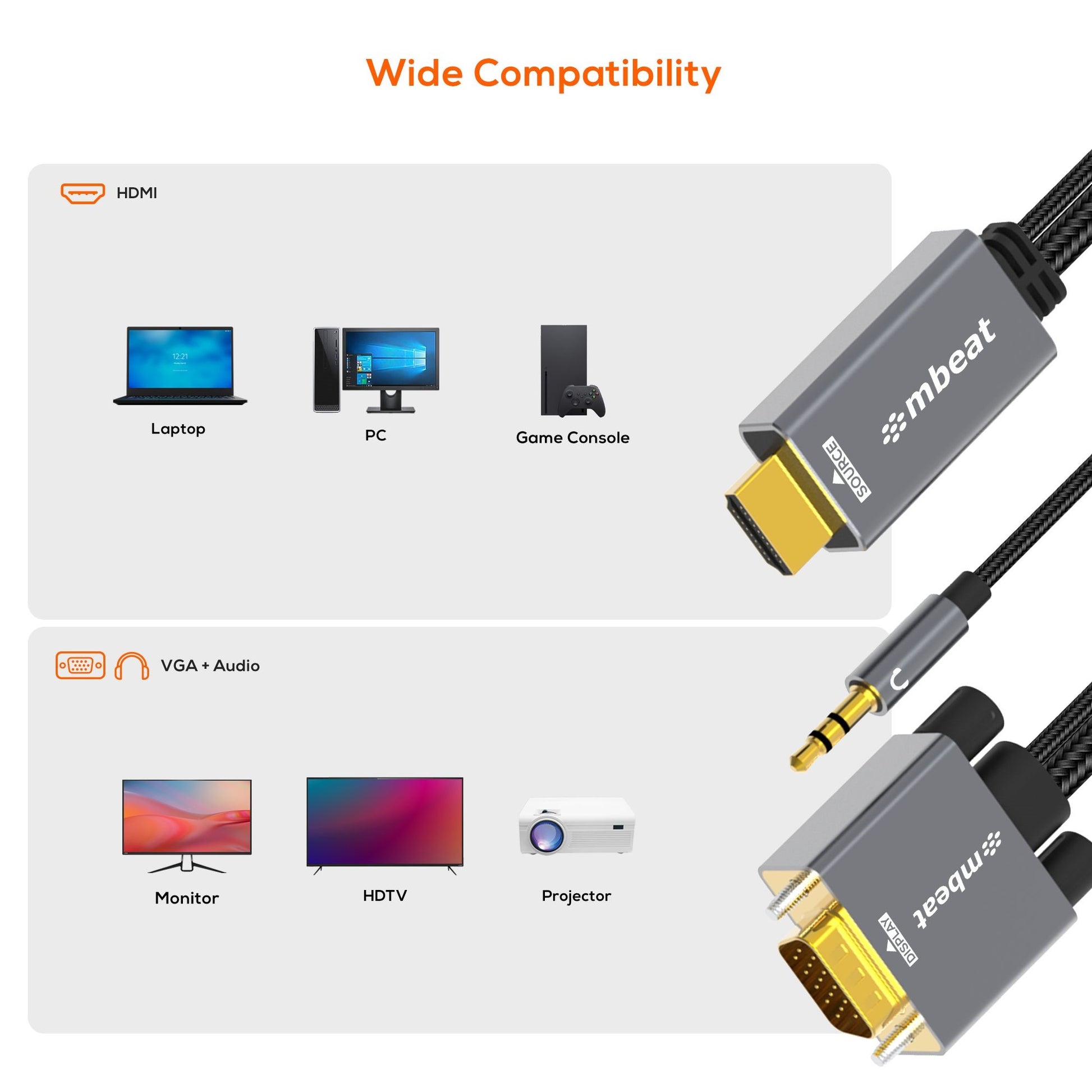 mbeat® Tough Link 1.8m HDMI to VGA Cable with USB Power  3.5mm Audio Up to 1080p@60Hz (1920×1080)... - Image 3