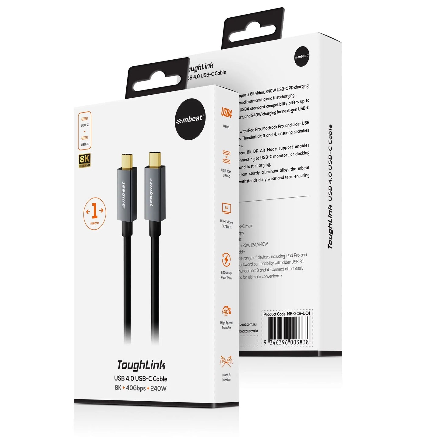 mbeat® Tough Link 1m USB 4.0 USB-C Cable - Space Grey Video Resolution: Maximum 8K/60Hz Package W... - Image 4