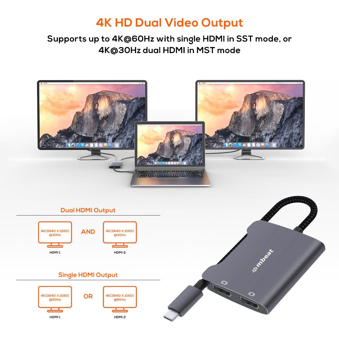 mbeat® Tough Link USB-C to Dual 4K HDMI Adapter DisplayPort Alt Mode HDMI USB-C Cable Legnth 17.5... - Image 2