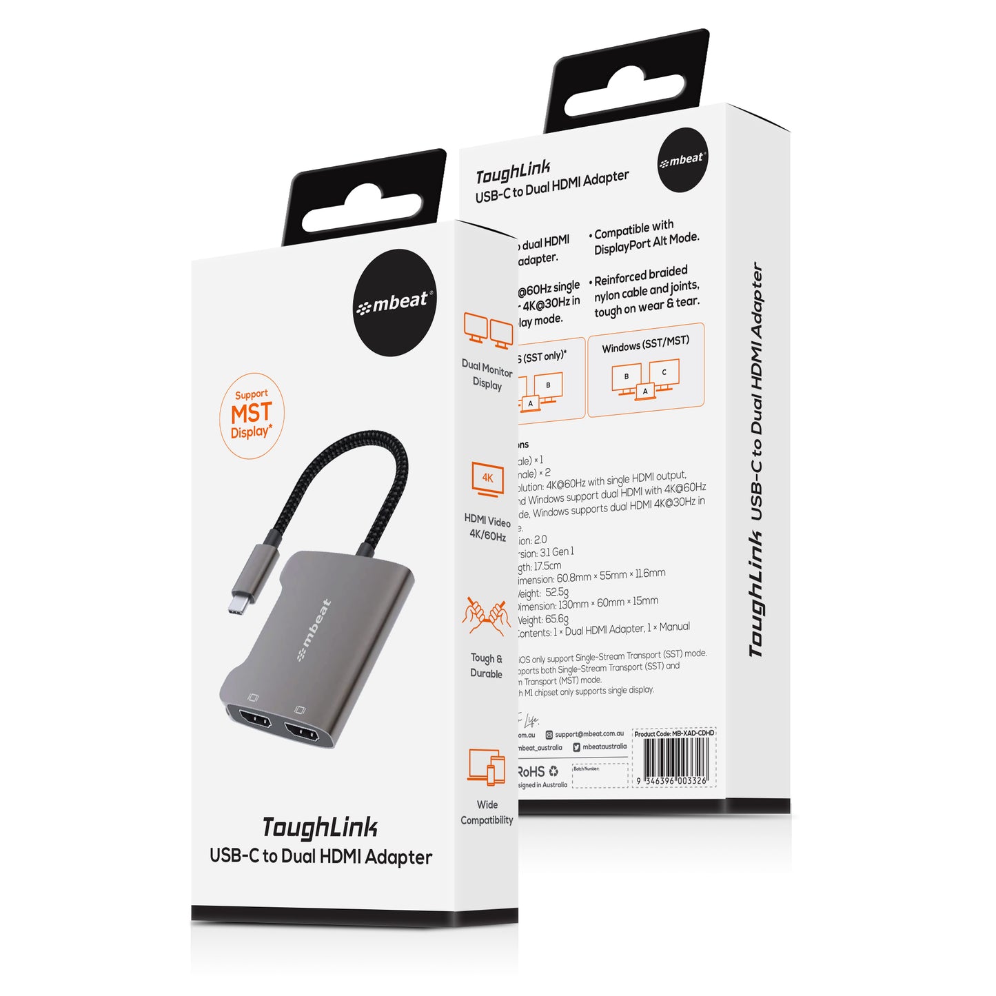 mbeat® Tough Link USB-C to Dual 4K HDMI Adapter DisplayPort Alt Mode HDMI USB-C Cable Legnth 17.5... - Image 4