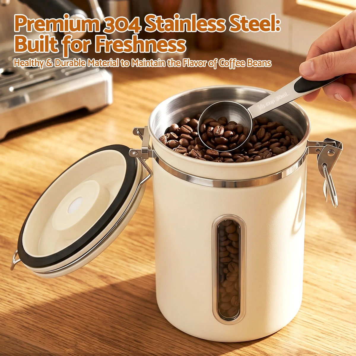 5-Star Chef 1.8L Stainless Steel Coffee Bean Storage Container Coffee Canister - Image 4