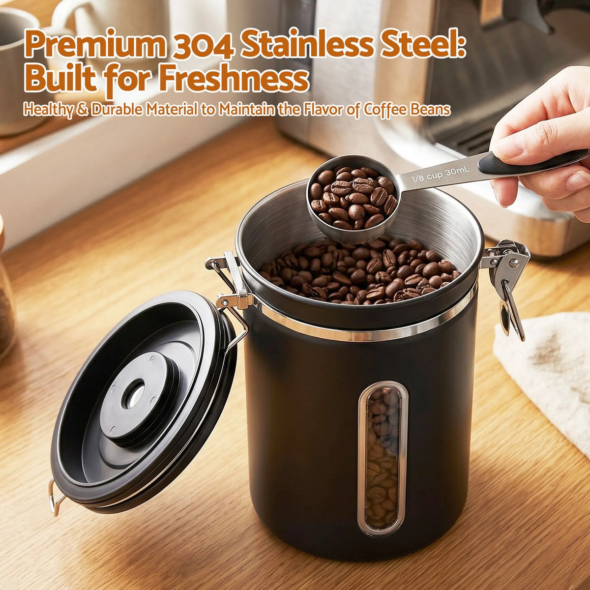 5-Star Chef 1.8L Stainless Steel Coffee Bean Storage Container Coffee Canister - Image 4