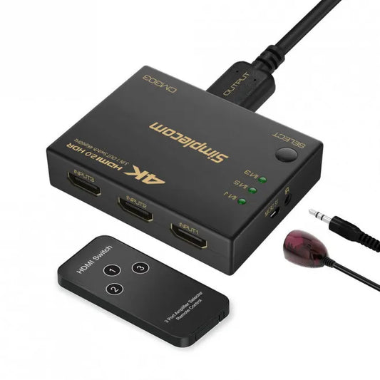Simplecom CM303 Ultra HD 3 Way HDMI Switch 3 IN 1 OUT Splitter 4K@60Hz - Cables