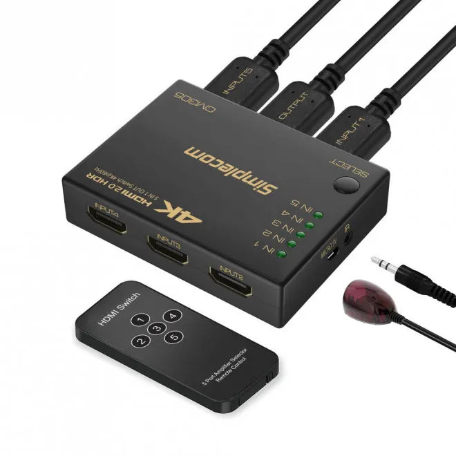 Simplecom CM305 Ultra HD 5 Way HDMI Switch 5 IN 1 OUT Splitter 4K@60Hz - Cables