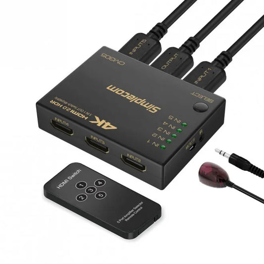 Simplecom CM305 Ultra HD 5 Way HDMI Switch 5 IN 1 OUT Splitter 4K@60Hz - Cables
