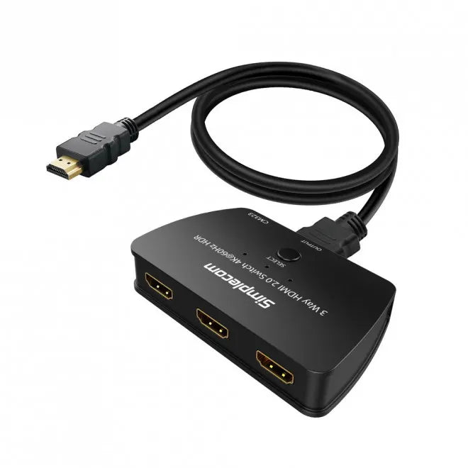(LS) Simplecom CM323 3 Way HDMI 2.0 Switch 3 IN 1 OUT Ultra HD 4K 60Hz HDR HDCP 2.2 - Cables