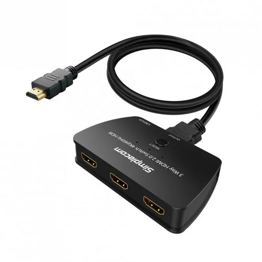 (LS) Simplecom CM323 3 Way HDMI 2.0 Switch 3 IN 1 OUT Ultra HD 4K 60Hz HDR HDCP 2.2 - Cables