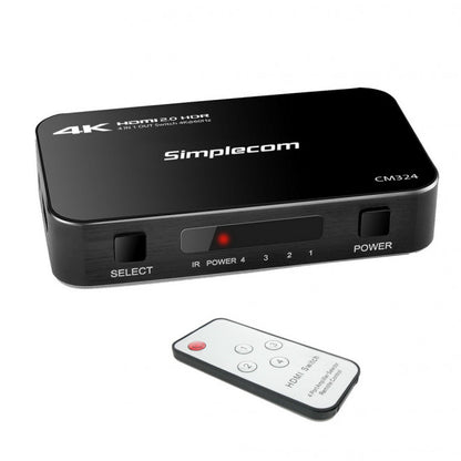 (LS)Simplecom CM324 4 Way HDMI 2.0 Switch 4 IN 1 OUT Ultra HD 4K 60Hz HDR HDCP 2.2 - Cables