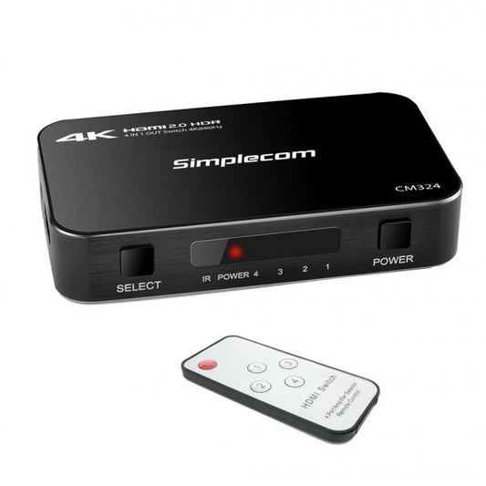 (LS)Simplecom CM324 4 Way HDMI 2.0 Switch 4 IN 1 OUT Ultra HD 4K 60Hz HDR HDCP 2.2 - Cables