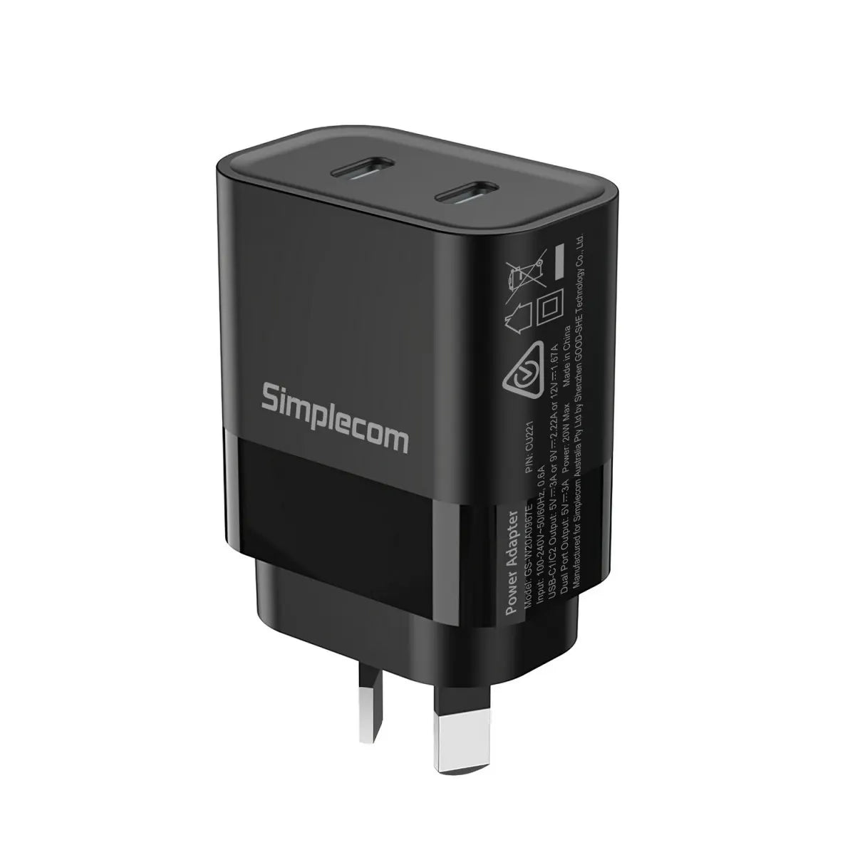 Simplecom CU221 Dual USB-C Fast Wall Charger PD 20W for Phone Tablet(LS) - Chargers - Mobile Devices