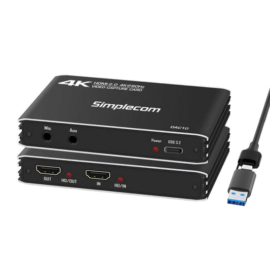 Simplecom DAC10 HDMI 2.0 to USB 4K@60hz Video Capture Card Stream and Record in 4K 60FPS - Cables