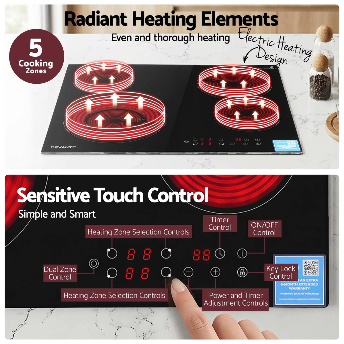 Devanti Ceramic Cooktop 5 Cooking Zone 4 Electric Hobs Touch Control 7600W Black - Image 4