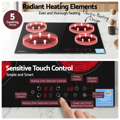 Devanti Ceramic Cooktop 5 Cooking Zone 4 Electric Hobs Touch Control 7600W Black - Image 4