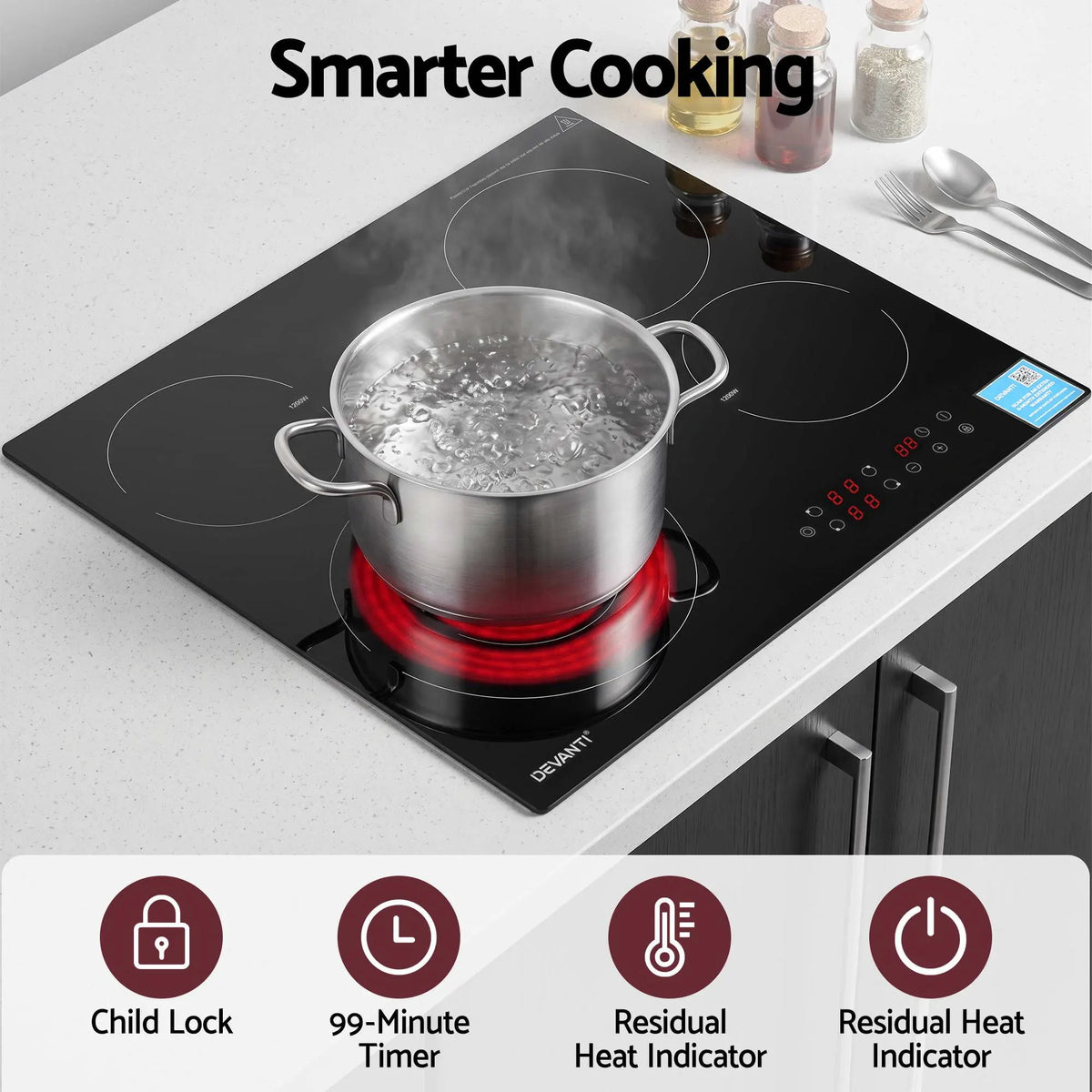 Devanti Ceramic Cooktop 5 Cooking Zone 4 Electric Hobs Touch Control 7600W Black - Image 5