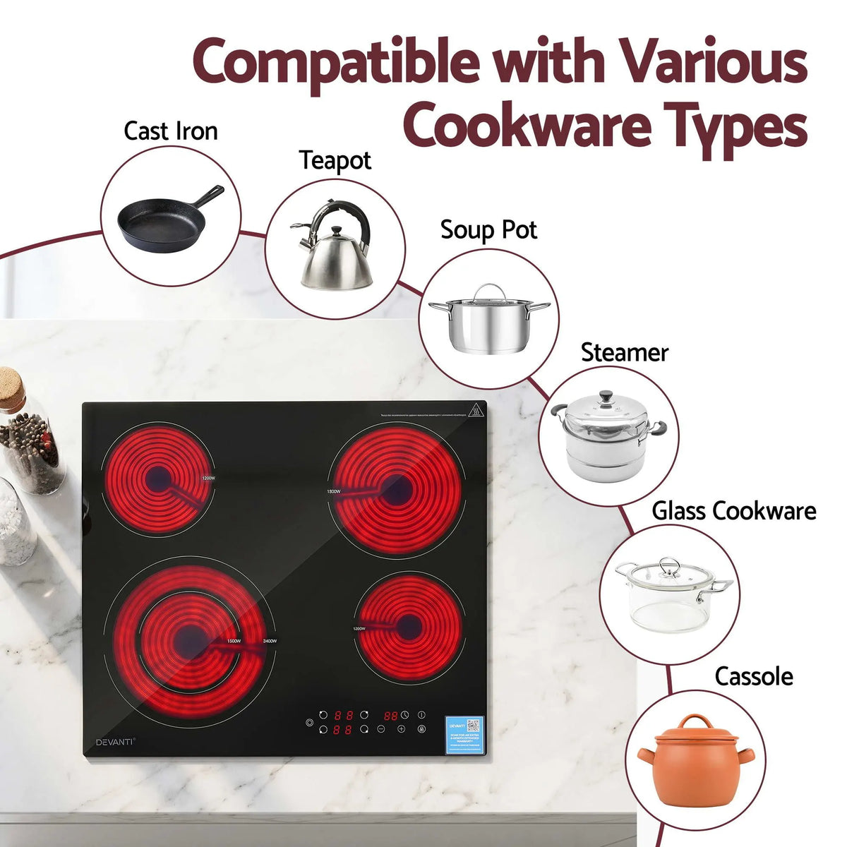 Devanti Ceramic Cooktop 5 Cooking Zone 4 Electric Hobs Touch Control 7600W Black - Image 7