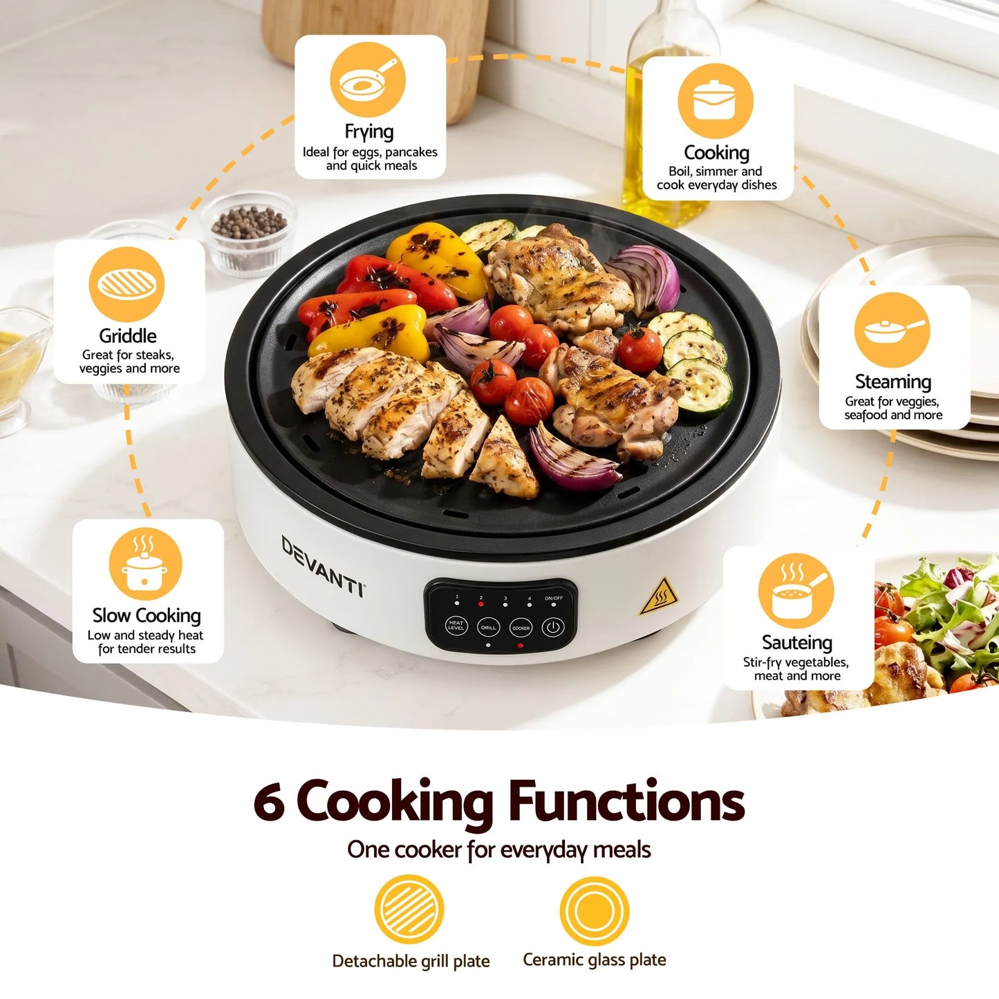 Devanti Ceramic Cooktop Electric Hot Plate Countertop Grill Cooker White - Image 5
