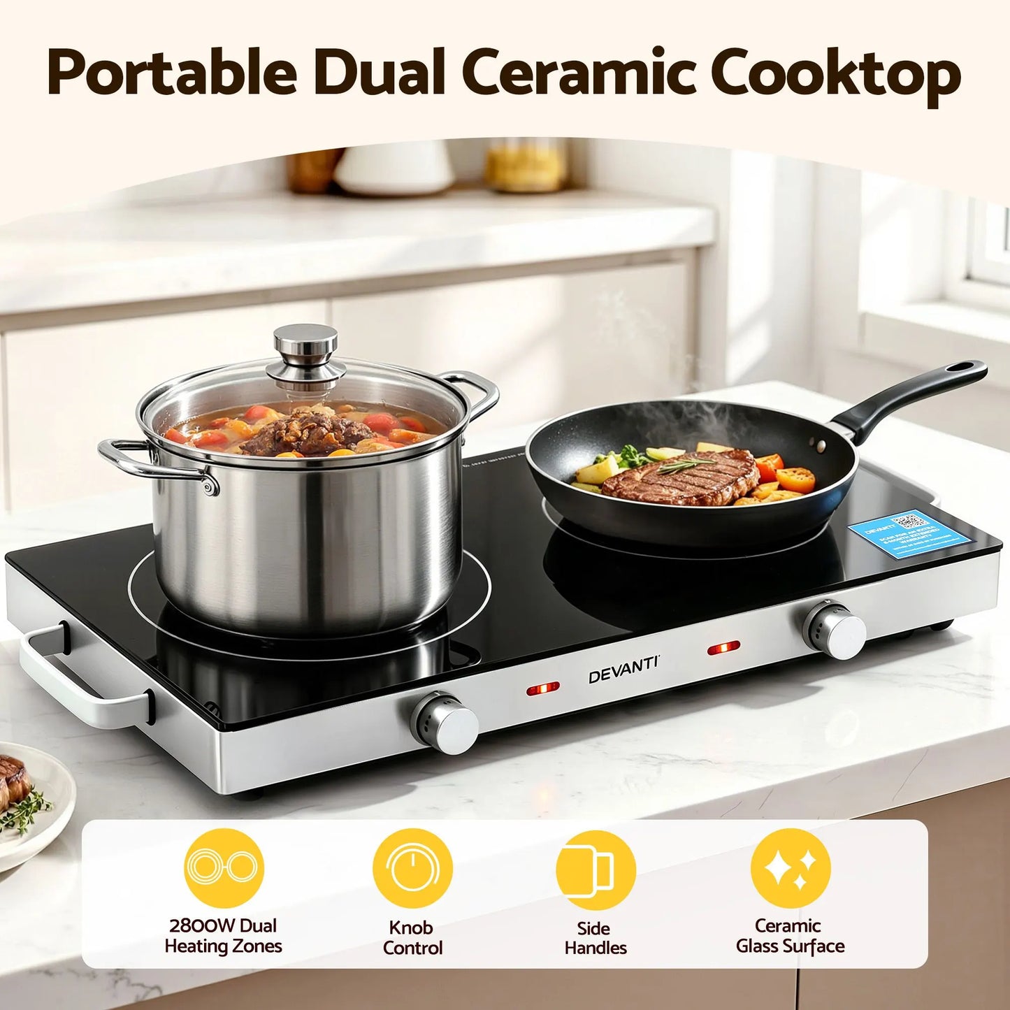 Devanti Portable Ceramic Cooktop Dual Burner Electric Hot Plate 2800W Black - Image 4