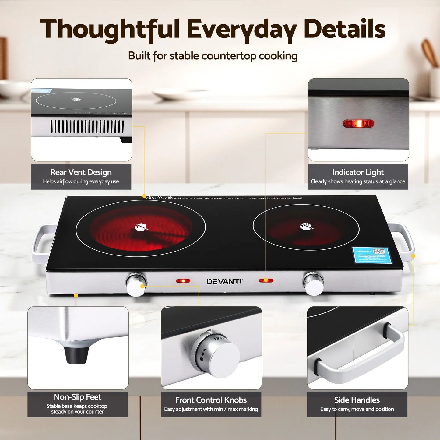 Devanti Portable Ceramic Cooktop Dual Burner Electric Hot Plate 2800W Black - Image 5