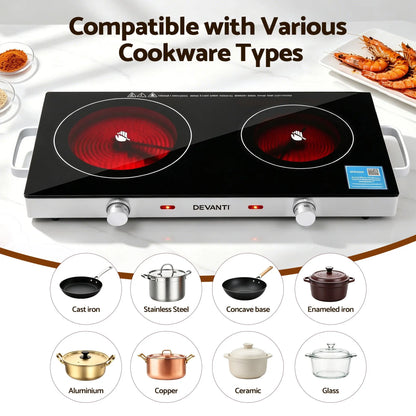 Devanti Portable Ceramic Cooktop Dual Burner Electric Hot Plate 2800W Black - Image 8