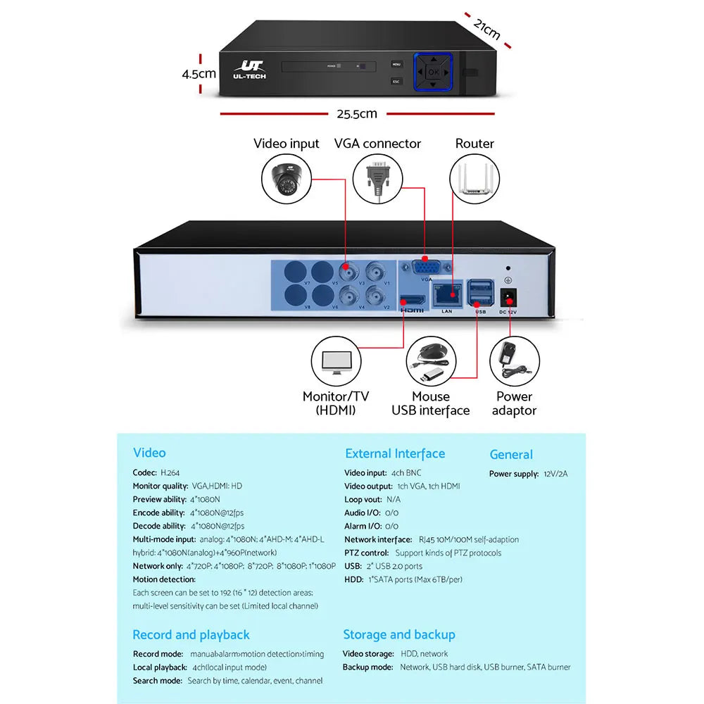 UL-TECH 1080P Security Camera System 4CH DVR with 4 CCTV Dome Cameras - Image 5