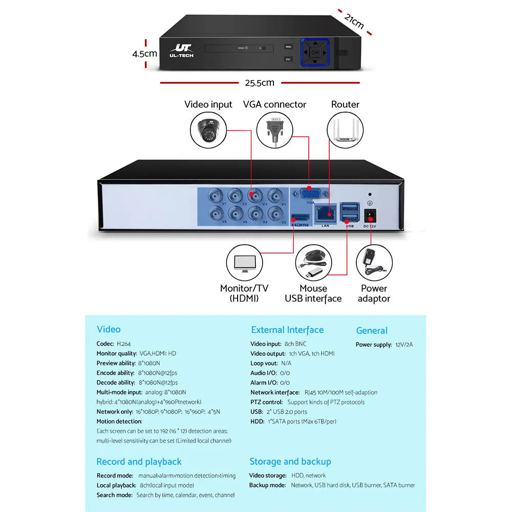 UL-TECH 1080P Security Camera System 8CH DVR with 8 CCTV Dome Cameras - Image 5