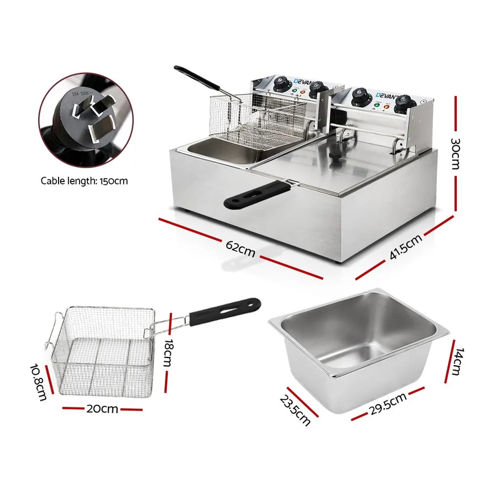 Devanti 20L Electric Commercial Deep Fryer Double Baskets 4400W - Image 2