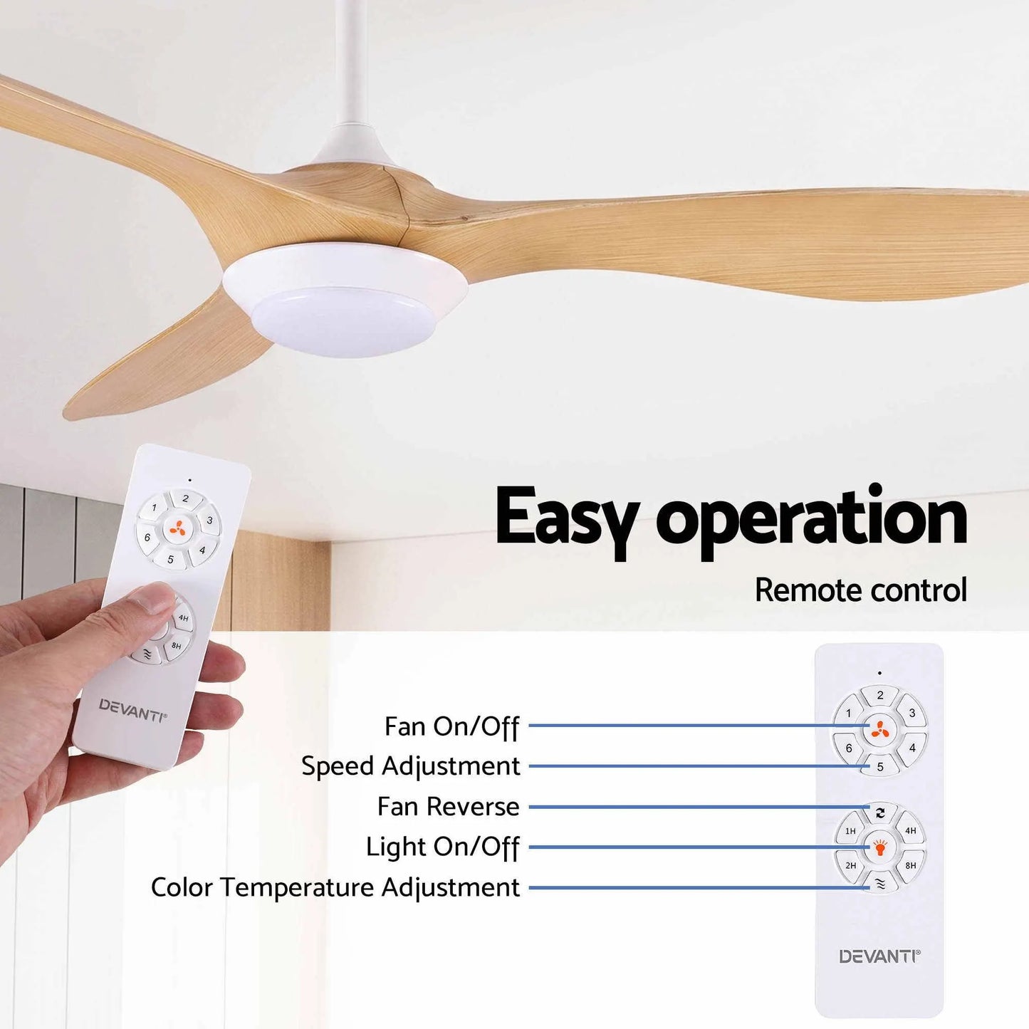 Devanti 52'' Ceiling Fan DC Motor w/Light w/Remote - Wood - Image 8