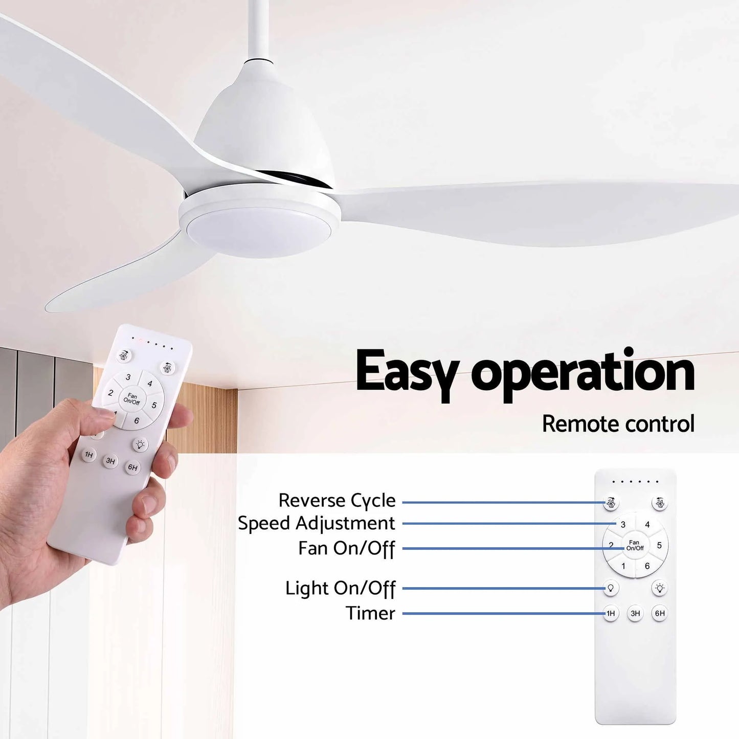 Devanti 48" Ceiling Fan with LED Light Remote Control DC Motor White - Image 8