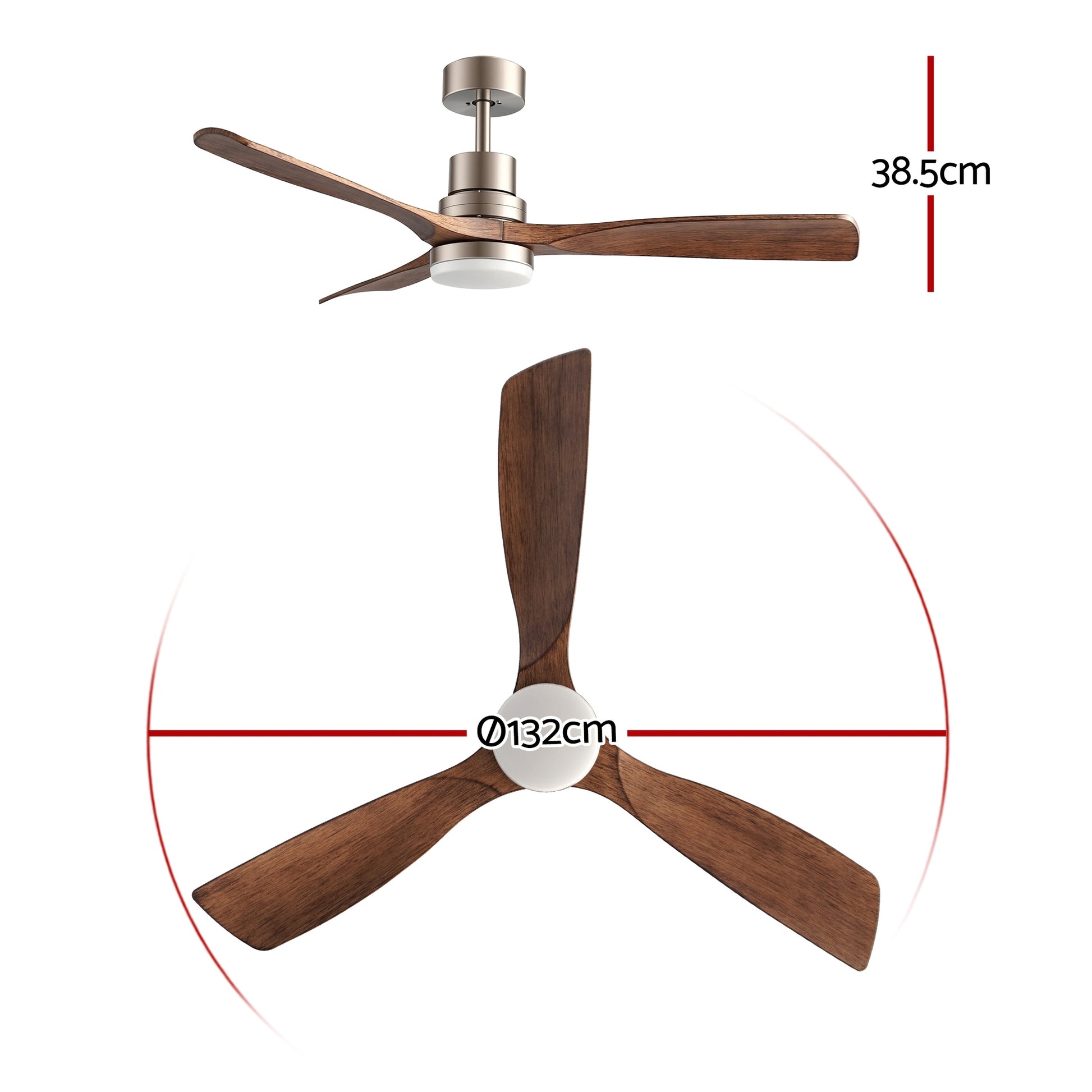 Devanti 52" Ceiling Fan with Light Remote Control DC Motor Smart App Timber Blades Brown - Image 3