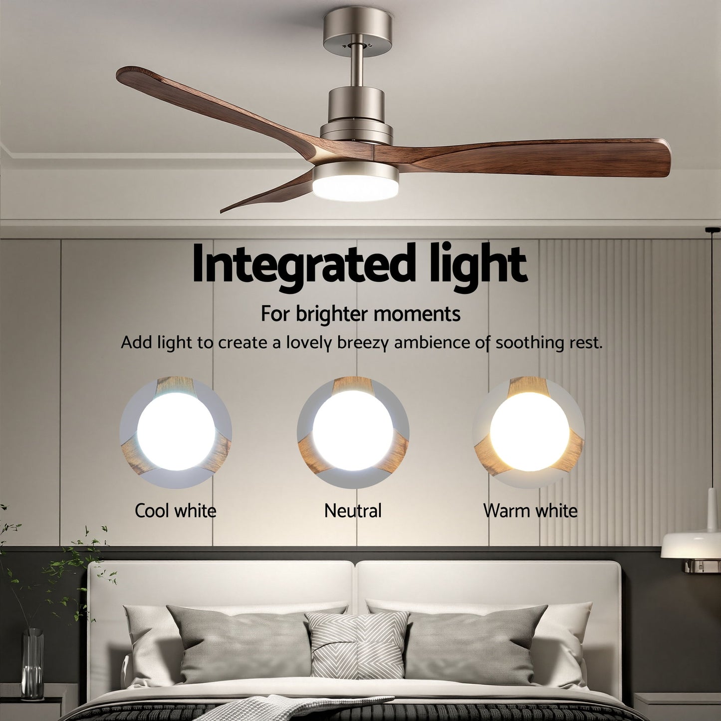 Devanti 52" Ceiling Fan with Light Remote Control DC Motor Smart App Timber Blades Brown - Image 5