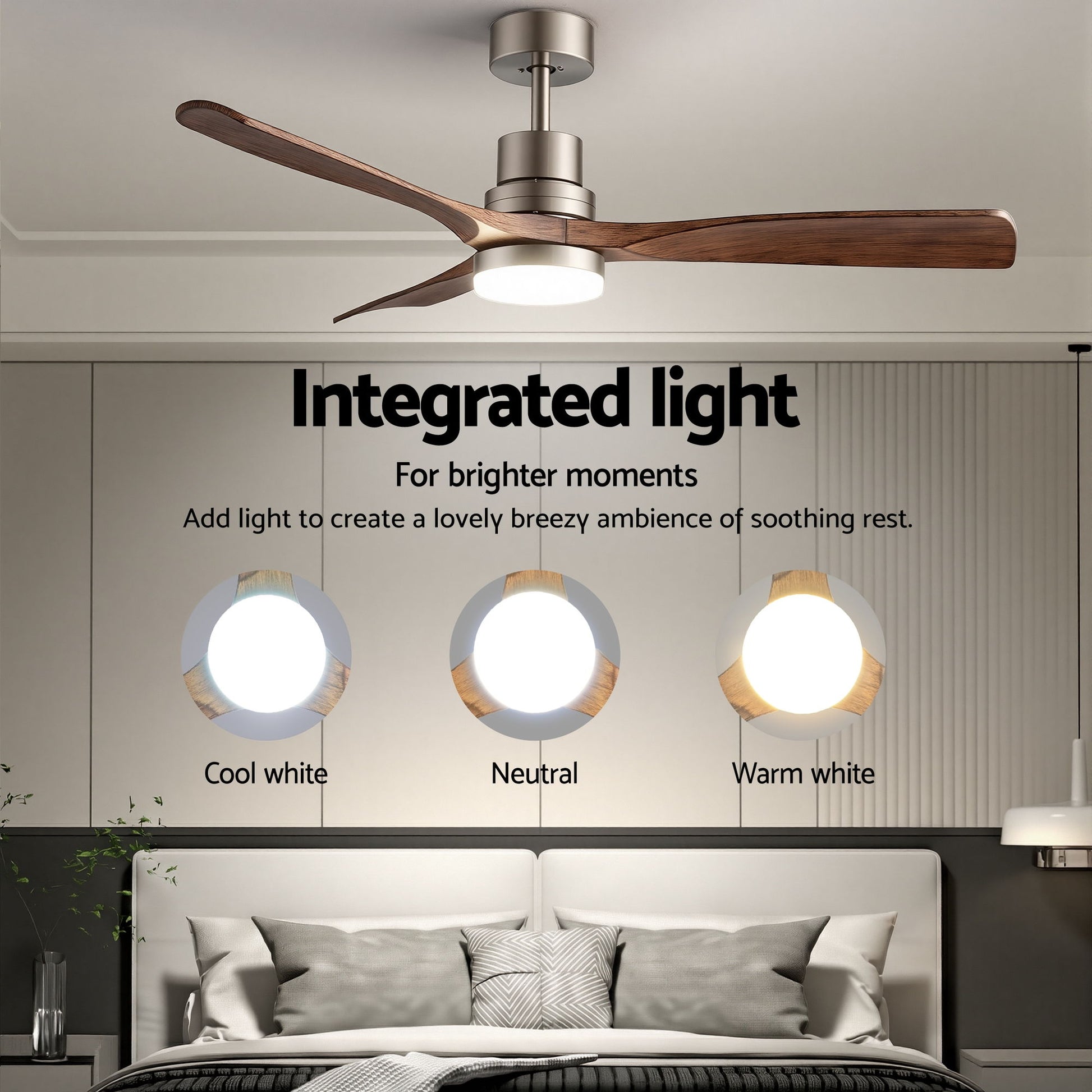 Devanti 52" Ceiling Fan with Light Remote Control DC Motor Smart App Timber Blades Brown - Image 5