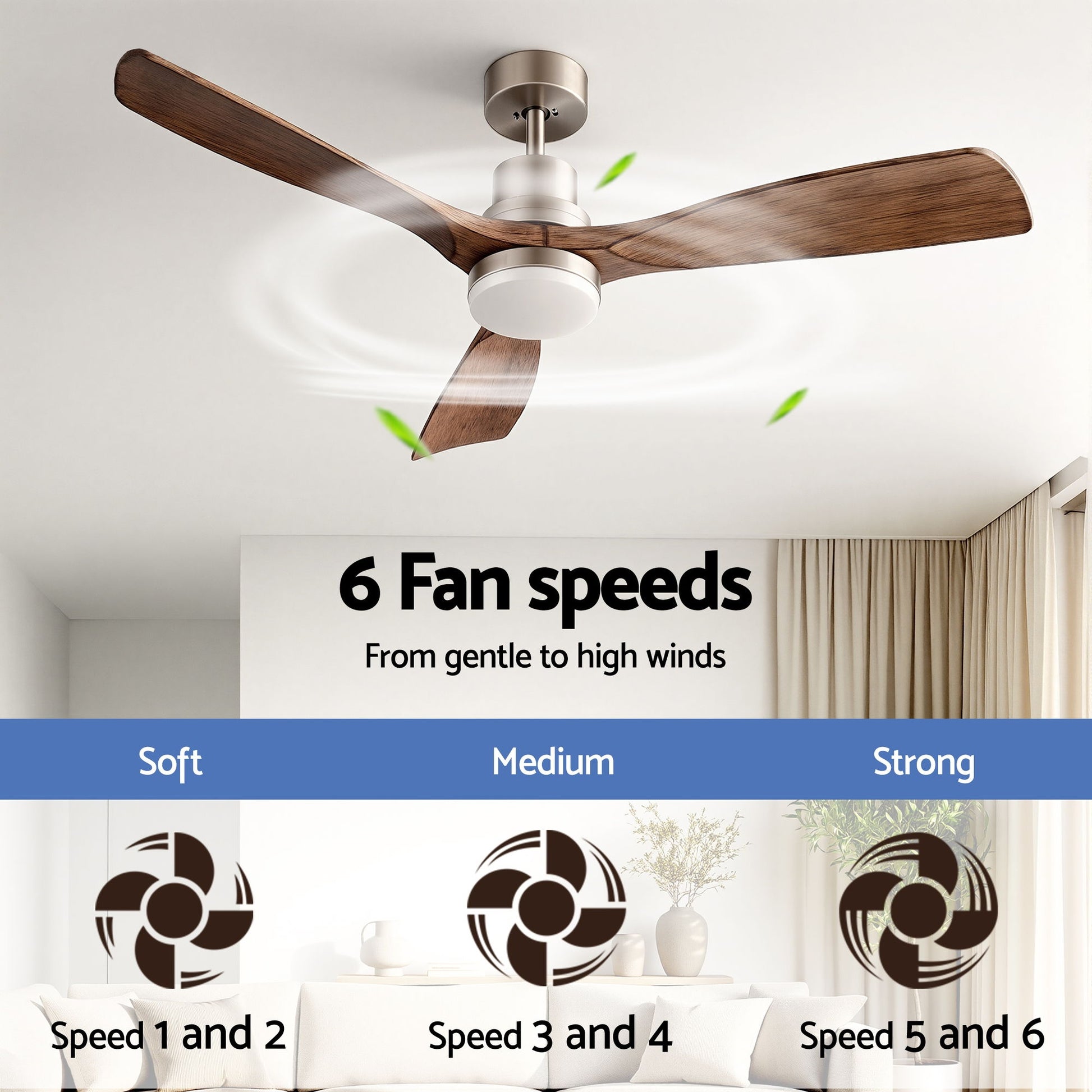 Devanti 52" Ceiling Fan with Light Remote Control DC Motor Smart App Timber Blades Brown - Image 7