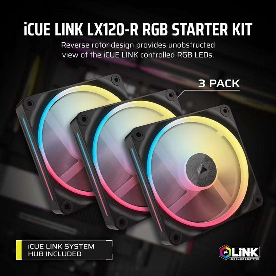 Corsair iCUE LINK LX120-R RGB 120mm PWM Reverse Fans Starter Kit Triple Pack - Black: 66.7CFM, 24... - Image 4