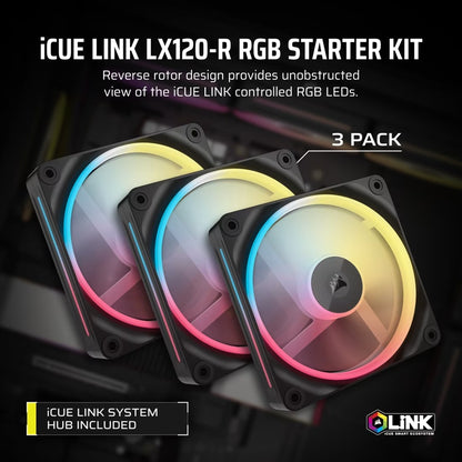 Corsair iCUE LINK LX120-R RGB 120mm PWM Reverse Fans Starter Kit Triple Pack - Black: 66.7CFM, 24... - Image 4