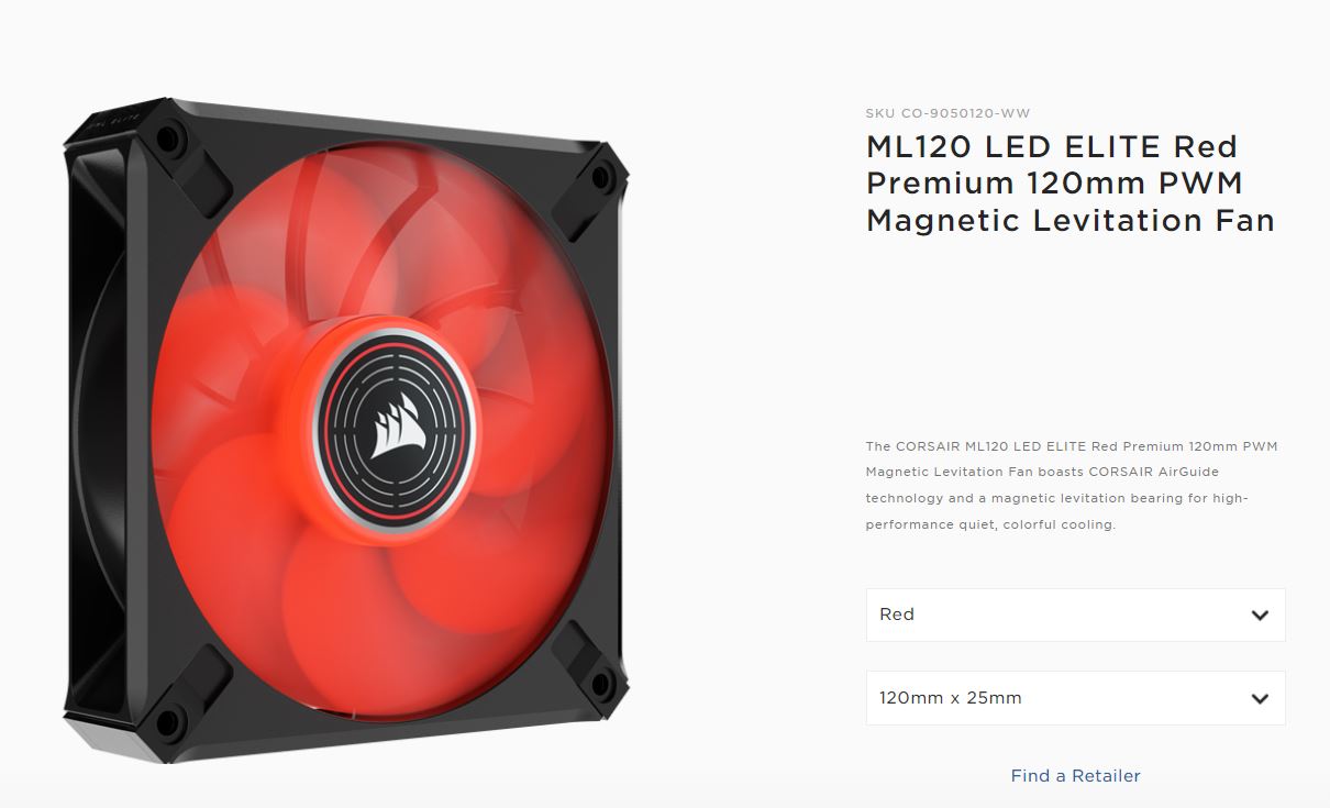 Corsair ML ELITE Series, ML120 LED ELITE, 120mm Magnetic Levitation Red LED Fan with AirGuide, Si...