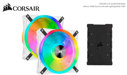 Corsair QL140 RGB White Dual Fan Kit with Lighting Node Core, ICUE, 140mm RGB LED PWM Fan 26dBA,...