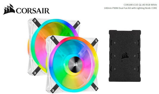 Corsair QL140 RGB White Dual Fan Kit with Lighting Node Core, ICUE, 140mm RGB LED PWM Fan 26dBA,...