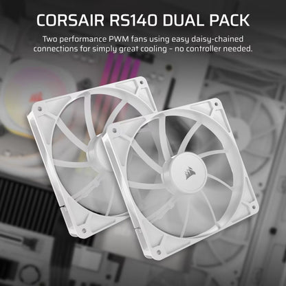Corsair RS140 140mm PWM Fans - Dual Pack - White: 95.5 CFM, 1700 RPM, 36 dBA, 0.45A, Static Pressure, Magnetic Dome Bearing