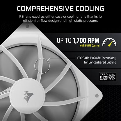 Corsair RS140 140mm PWM Fans - Dual Pack - White: 95.5 CFM, 1700 RPM, 36 dBA, 0.45A, Static Pressure, Magnetic Dome Bearing