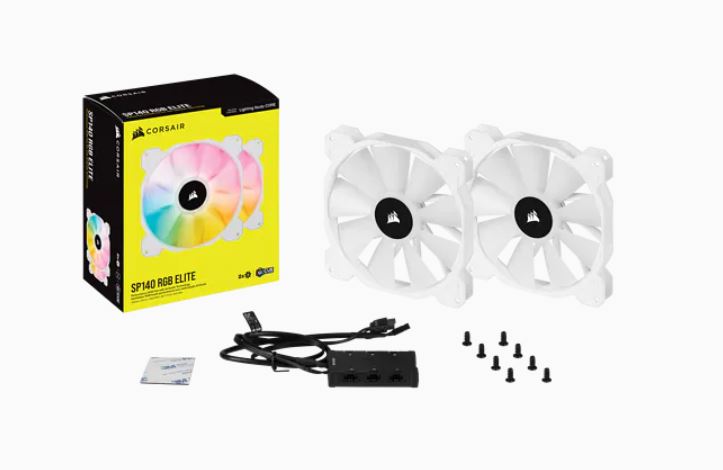 Corsair White SP140 RGB ELITE, 140mm RGB LED Fan with AirGuide, 68 CFM, Dual Pack with Lighting N...