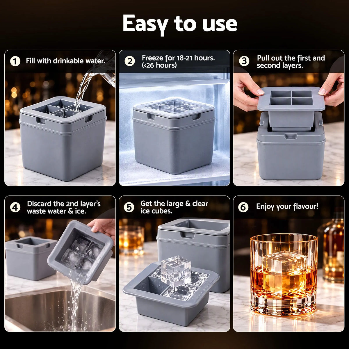 Artiss 5cm Clear Ice Mold Whiskey Large Square Ice Cube Tray - Image 7