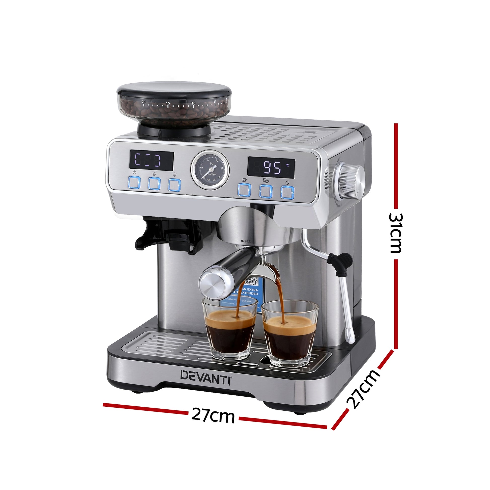 Devanti Coffee Machine Espresso Latte Maker with Grinder Milk Frother Steam Wand - Image 2
