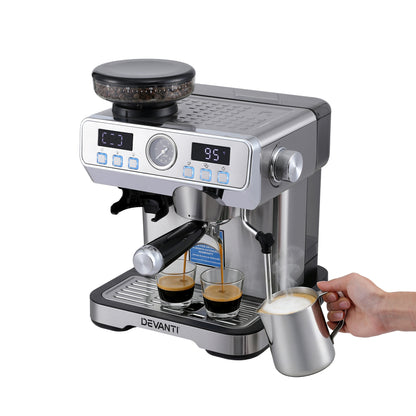 Devanti Coffee Machine Espresso Latte Maker with Grinder Milk Frother Steam Wand - Image 3